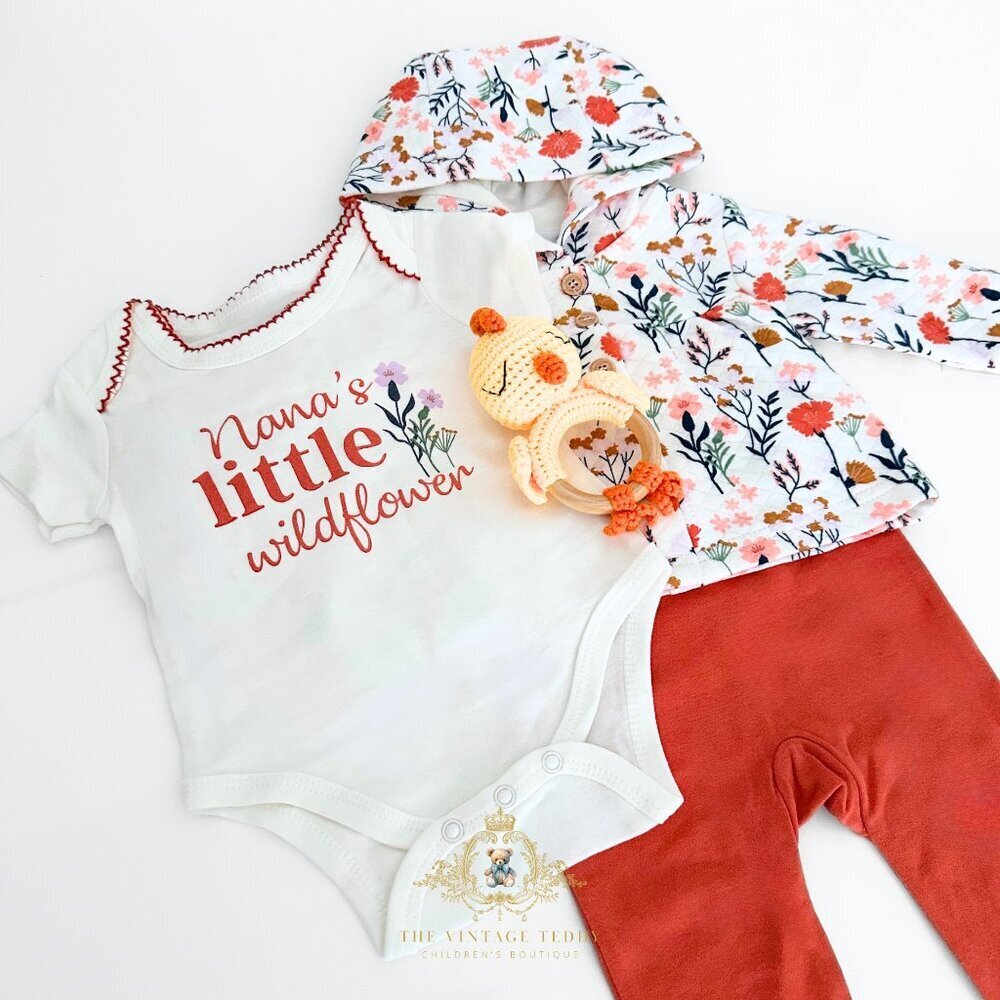 NWT Cute Girls 3 Piece Set Baby Onesie Pants Coat Nana's Little Wildflower 3-6M - Picture 2 of 2